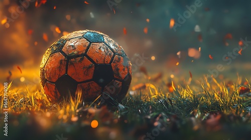Autumn leaves near vintage soccer ball on field high resolution picture