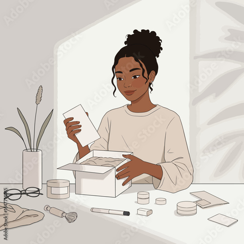 Young woman unboxing a package with beauty products