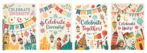 Colorful illustrations celebrating diversity, unity, and togetherness with vibrant designs and festive elements.