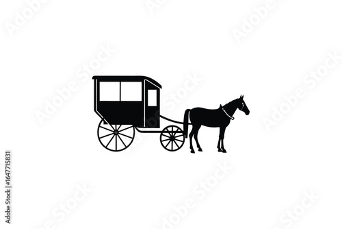Black silhouette of a horse drawn carriage with a horse