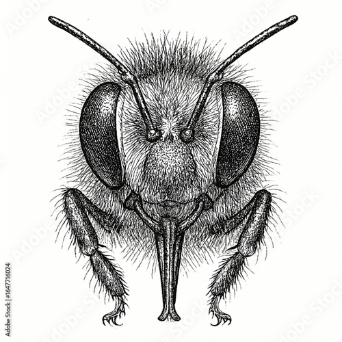 black and white drawing of a bee's head: compound eyes, antennae, proboscis