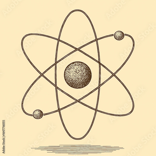 black and white illustration of an atom with an emphasis on its electron orbitals and nucleus