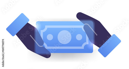 Two hand hold one banknote. Glass morphism money icon