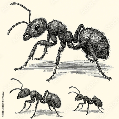 black and white illustration of an ant with an emphasis on its antennae, legs and antennae