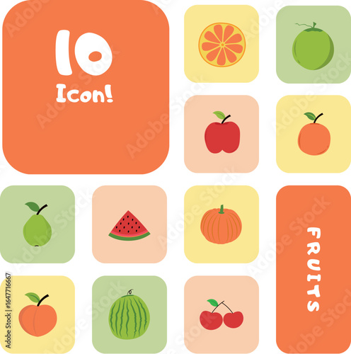 Ten Colorful Flat Fruit Icons:  Cheerful, Modern Design for App or Website.