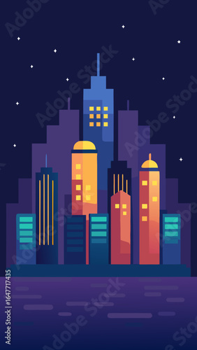 flat design night city skyline glowing windows