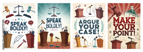 A vibrant series of legal-themed illustrations promoting public speaking and debate skills.