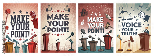 A dynamic set of illustrations promoting public speaking and advocacy, emphasizing expression and justice.