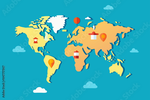 flat world map travel icons global destinations adventure
