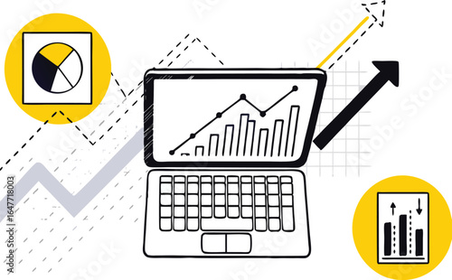 Laptop analytics dashboard with rising graph and arrow – business data growth vector illustration

