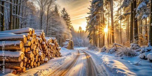 Winter wonderland road scene with snow covered logs at sunrise