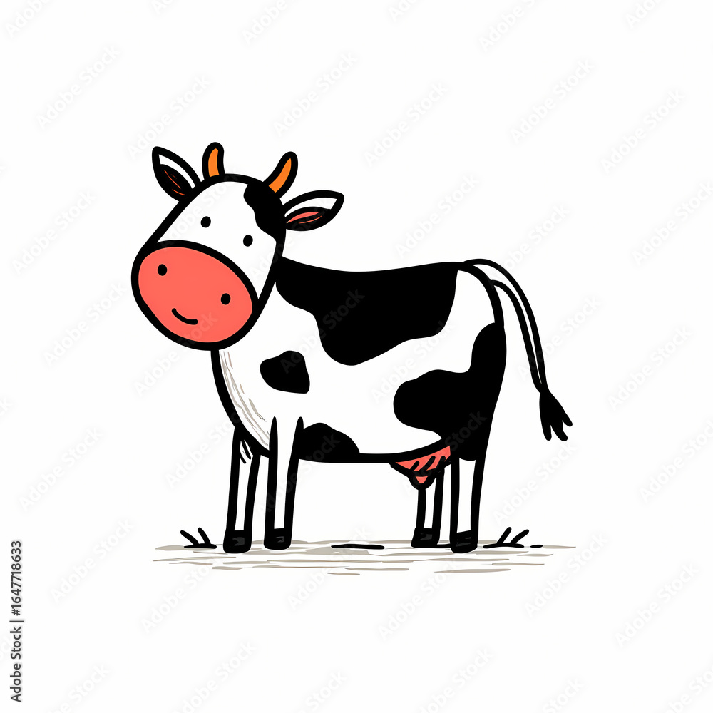 Fototapeta premium Cartoon Illustration of a Standing Spotted Dairy Cow in a Pasture