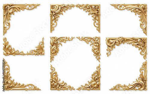 Close up golden corner ornaments isolated on transparent or white background