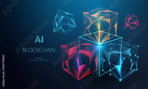 Blockchain ai concept. Blockchain connected cubes block banner. Database box chain technology background. Data transmission crypto vector.
