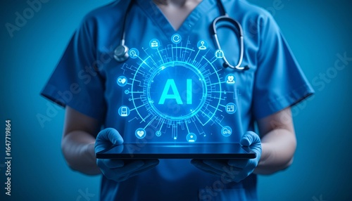 A medical professional in blue scrubs holds a tablet with a glowing digital interface showing a central 