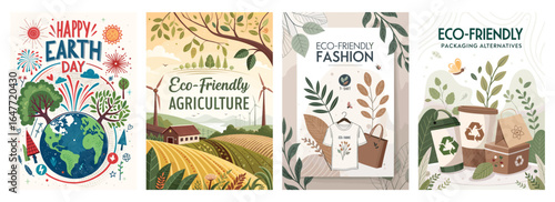 Colorful eco-themed illustrations for Earth Day, showcasing agriculture, fashion, and packaging alternatives.