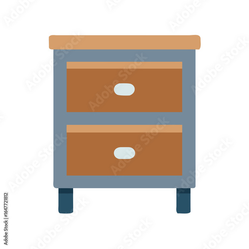 Stylized two-drawer nightstand illustration in soft colors against black background