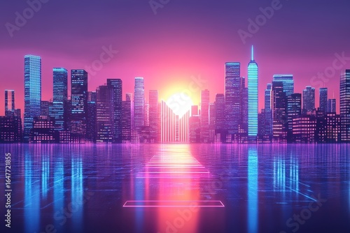 1980s retro neon sign glowing over city skyline