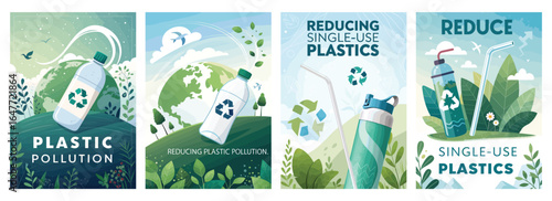 A vibrant illustration promoting the reduction of plastic pollution and single-use plastics.