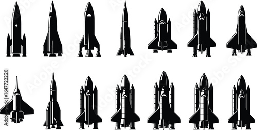 Collection of space rocket silhouettes, vector spacecraft and shuttle icons, retro and modern design for science, technology, exploration, and outer space themes