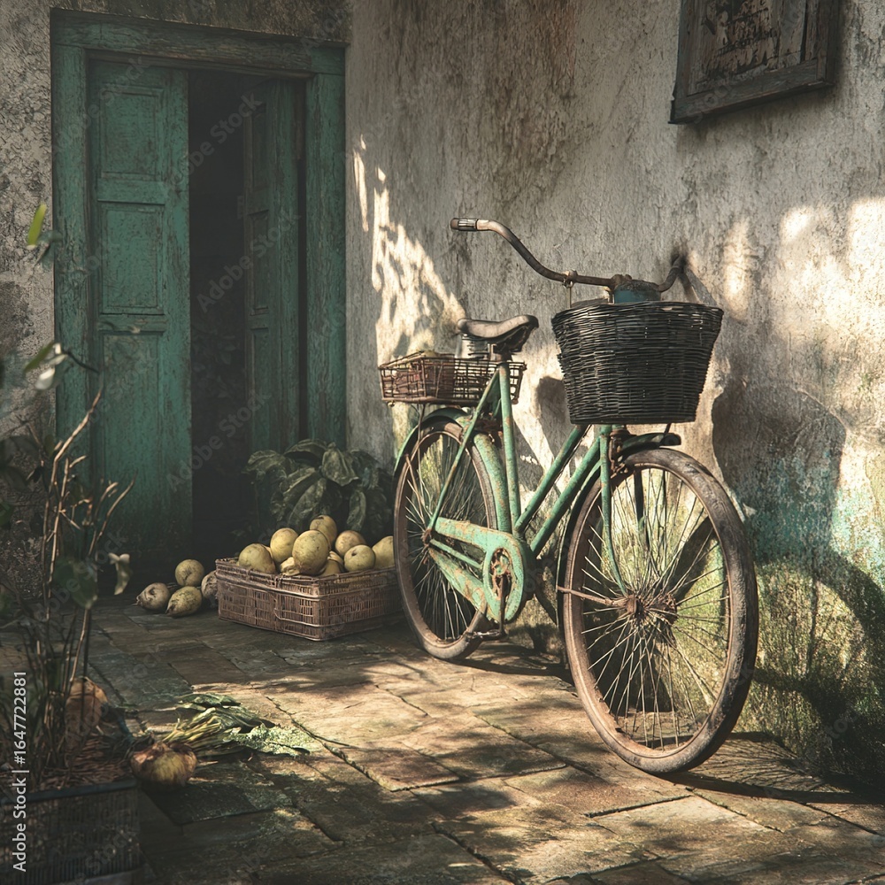 old bicycle in front of old house old bicycle in front of old house