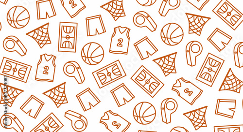 Basketball pattern with outline icons of balls courts jerseys shorts nets and whistles in orange line art style creating a sporty and dynamic design for fabric wallpaper and wrapping paper