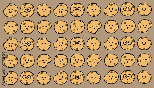 Cute chocolate chip cookie pattern with kawaii faces in cartoon style on brown background creating a playful and sweet design for fabric wallpaper and wrapping paper