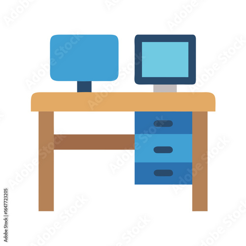 Illustration of a desk with two monitors and three drawers on black background