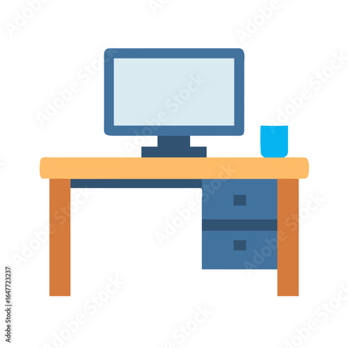 Minimalist computer desk illustration with monitor and glass on a black background