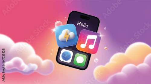 Smartphone displaying hello message surrounded by app icons and fluffy clouds in a vibrant gradient sky