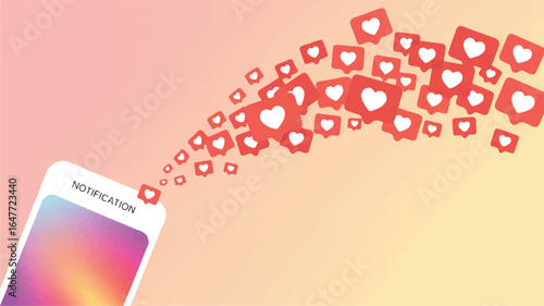 Smartphone Displaying Notification with a Stream of Red Heart Icons social media likes