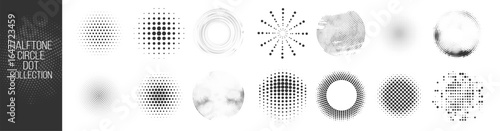 Halftone circle frame, round dotted pattern, geometric abstract background, vector design element, isolated icon, set of black dots, grunge circular border on transparent background