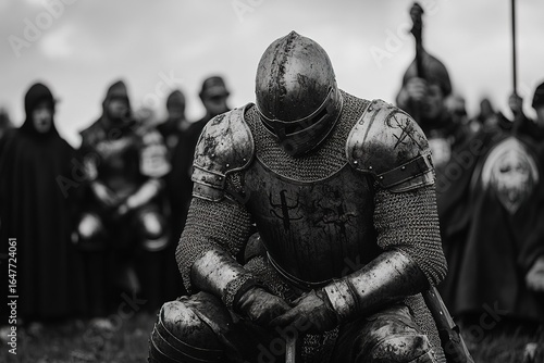 armored knight kneeling before a king for knighthood ceremony