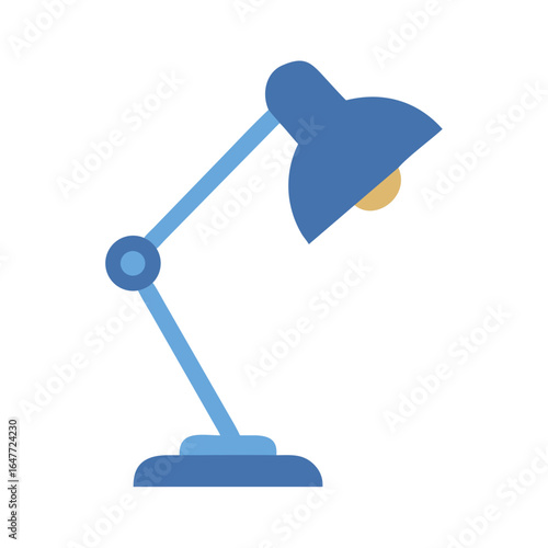 Blue desk lamp illustration with adjustable arm and warm light bulb