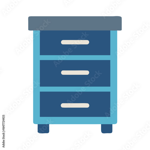 Illustration of a blue three-drawer nightstand with a gray top panel