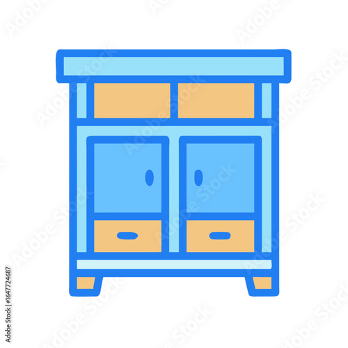 Modern blue and yellow cabinet featuring drawers and doors, on a black background.