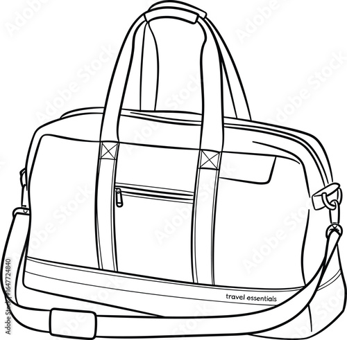 Travel essentials duffel bag with handles and shoulder strap, front zipper pocket, padded strap section, luggage design, cad drawing flat vector illustration