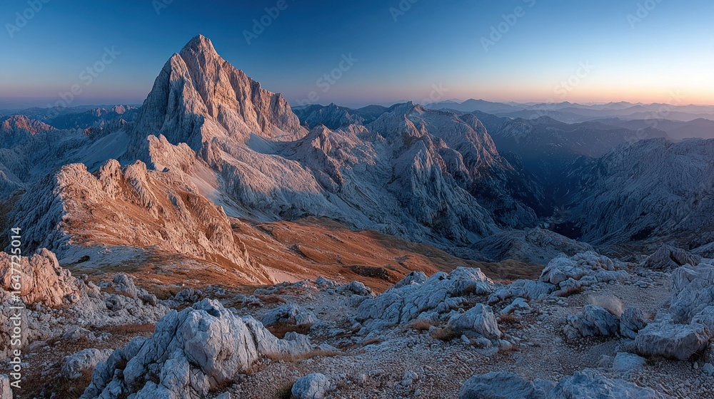 Obraz premium Mountain peak at dawn. Vast, rocky landscape