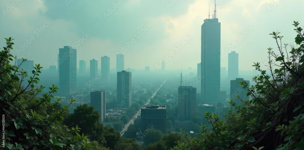 Fototapeta premium Dystopian Cityscape Desolate Metropolis Overgrown with Vines, Smog-Choked Skyscrapers Under a Perpetual Overcast