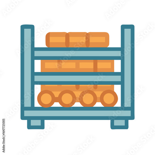 Illustration of logs stacked neatly on a blue industrial style rack on black