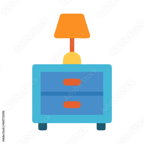 Blue nightstand with two drawers and orange lamp on top, flat design
