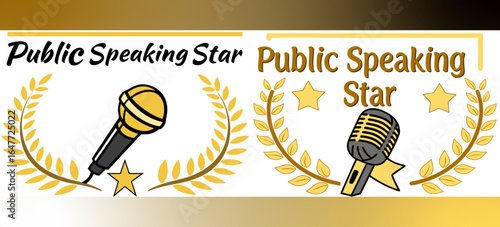 Public Speaking Star Badges with Microphones, Stars, and Laurel Wreaths for Communication, Presentation Skills, and Leadership Recognition