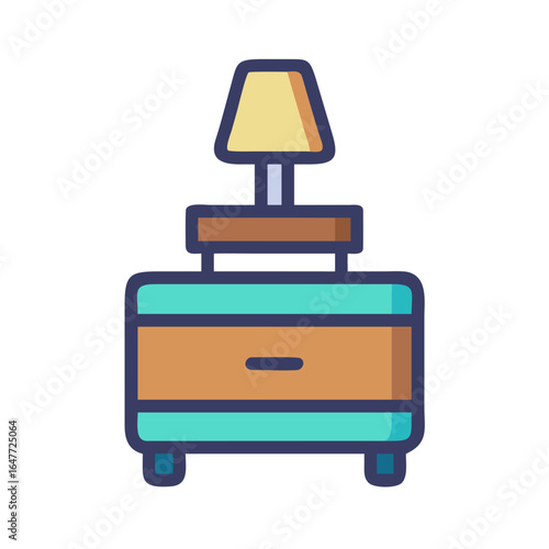Colorful bedside table with lamp illustration on a black background, simple and modern