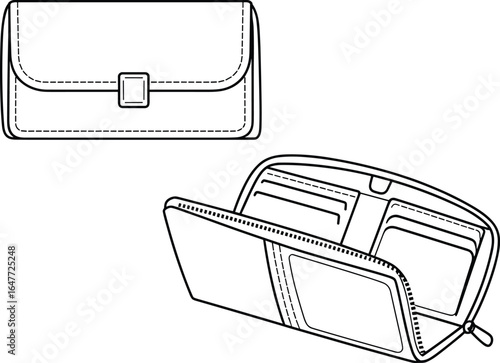 Closed and open wallet design with flap clasp, card compartments, zippered section, functional structure details, cad drawing flat vector illustration