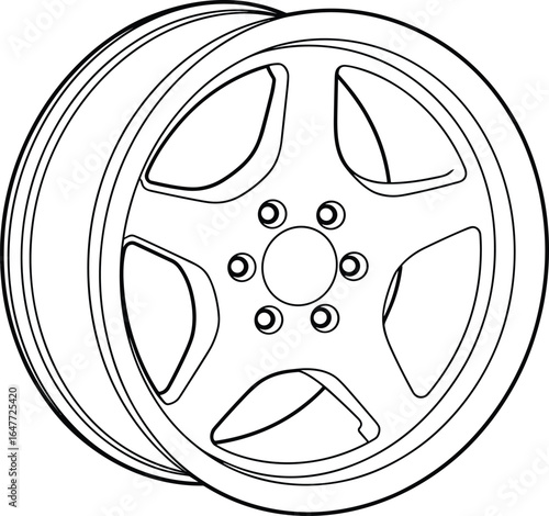 Car wheel rim five spoke, central hub six bolt holes, technical line art, engineering blueprint, cad drawing flat vector illustration, automotive parts design