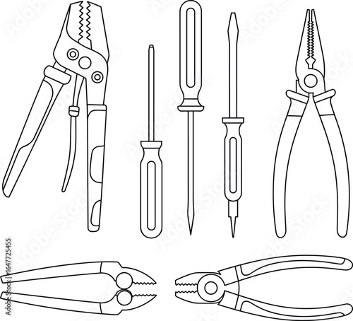 Hand tools set wire stripper, flathead screwdrivers, needle nose pliers, diagonal cutters, slip joint pliers, electrical repair, mechanical maintenance, cad drawing flat vector illustration