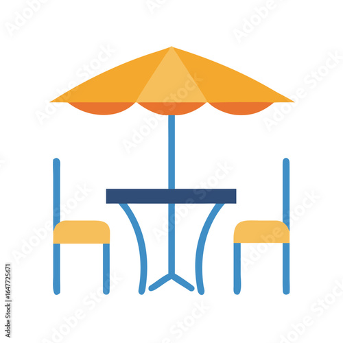 Stylized outdoor cafe seating area with table chairs and umbrella on black