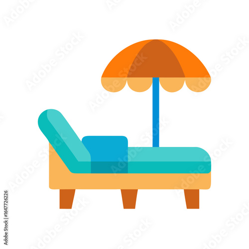 Flat illustration of a beach chair under umbrella against black backdrop