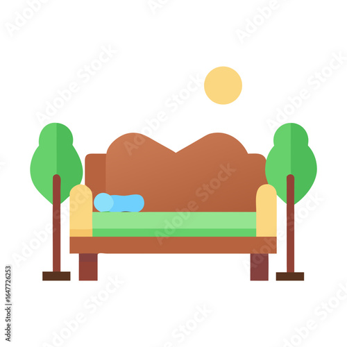 Park bench at night with moon and trees in flat vector design