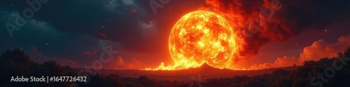 Fiery Swirling Fireball Explodes Across Night Sky, Illuminating Dark Landscape ? Perfect for Fantasy, Sci-Fi, and Apocalyptic Themes